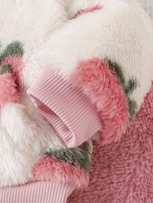 Cozy Pixies 女嬰水果圖案抓絨內裡加厚連帽長袖前開襟運動衫，純色針織軟彈腰長褲，2件套連帽外套休閒長褲套裝 - 白色 - 查看 5