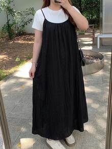 Dazy Plus Korean Style Layered Bowknot Back Strap Long Dress - Black - View 5