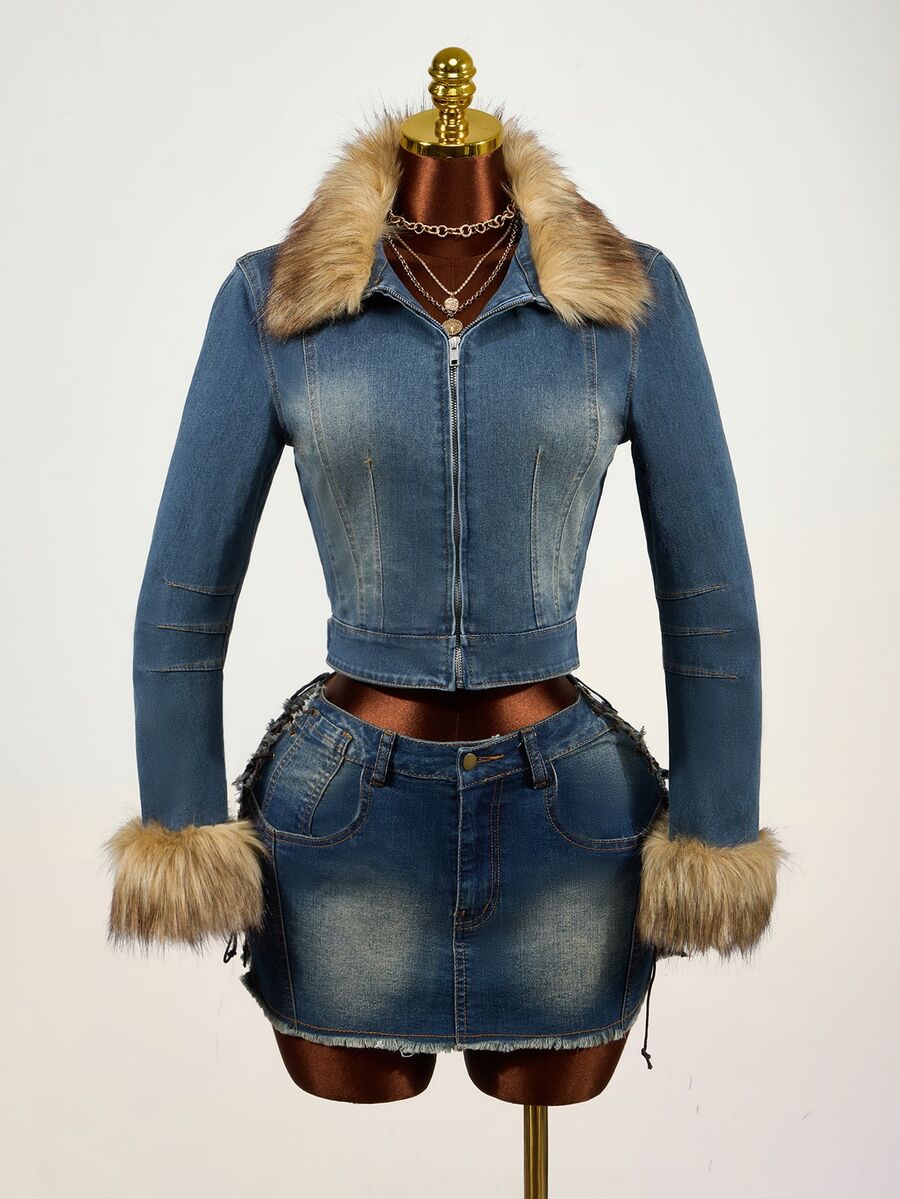 SHEIN Women's Plush Patchwork Zipper Casual Daily Denim Jacket - Dark Wash - View 1