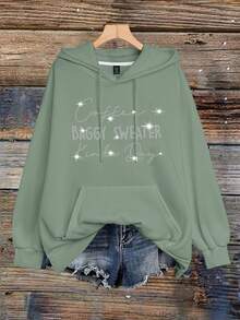 EMERY ROSE Plus Size Women's Letter Printed Hot Selling Draw Rope Sweatshirt Graduation, Back To School, Teacher Pullover Fall Winter Autumn - Olive Green - View 3