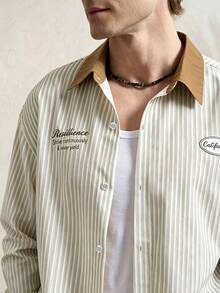 TONEVAULT Men's Colorblock Striped Patchwork Letter Print Single-Breasted Casual Fashion Shirt - Apricot - View 7
