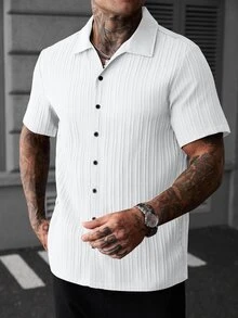 Manfinity CasualCool 男士休閒純色短袖單排扣襯衫，街頭風，夏季，正式 - 白色 - 查看 5