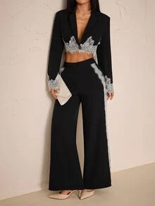 SHEIN PETITE طقم بدلة عمل أنيقة للنساء الصغيرات تتميز بألواح دانتيل باللونين الأسود والأبيض. - أبيض وأسود - مشاهدة 5