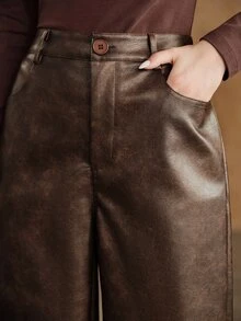 Anewsta Autumn Cool Modern Style Commute Vacation Leather Long Pants Niche Split Hem Dark Brown Straight Leg Women's Leather Pants - Brown - View 2