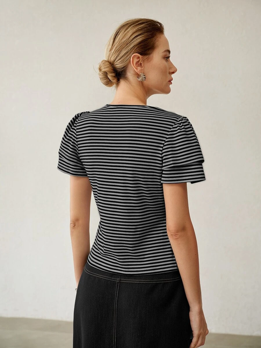 MOTF PREMIUM WOMEN'S CASUAL DOUBLE LAYER RUFFLE SLEEVE ROUND NECK STRIPED T-SHIRT - Black and White - View 2