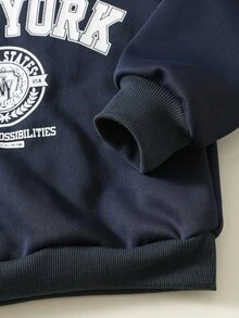SHEIN 幼童男孩字母印花長袖運動衫與慢跑褲套裝，開學首日，兒童婚禮賓客，Glamorique Kids，生日男孩 - 藏蓝色 - 查看 4