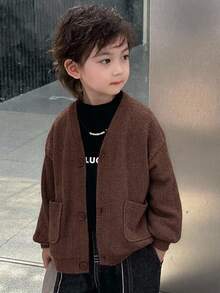 Dazy Kids 兒童秋季男童小號寬鬆休閒V領針織開襟外套，紋理面料 - 咖啡棕 - 查看 1