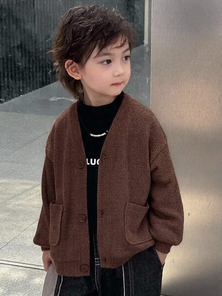 Dazy Kids 兒童秋季男童小號寬鬆休閒V領針織開襟外套，紋理面料 - 咖啡棕 - 查看 1