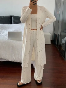 DAZY 3pcs Women's Polka Dot Print Long Cardigan, Long Sleeve Robe, Sleeveless Camisole Tank Top, Straight Long Pajama Pants Sleepwear Set - White - View 8