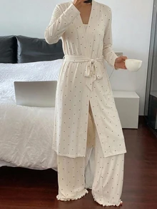 DAZY 3pcs Women's Polka Dot Print Long Cardigan, Long Sleeve Robe, Sleeveless Camisole Tank Top, Straight Long Pajama Pants Sleepwear Set - White - View 7