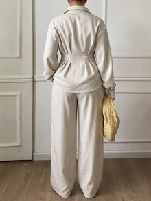 Dazy Plus Long Sleeve Linen Ruched Waist Blouse And Elastic Waist Wide Leg Pants 2pcs Set, Office Casual Street Commute - Apricot - View 2