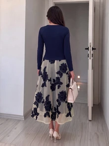 Modelyn Women's Elegant Autumn Solid Color V-Neck Long Sleeve Fitted Top & 3D Floral Mesh Midi Skirt 2 Pieces Set, Date & Commute Vibe - Navy Blue - View 2