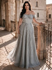 Coutiva Plus Size Women's Rhinestone & Sequin Design Off-Shoulder Elegant Formal Evening Gown (Heavy Embellished Style) - Grey - View 3