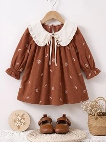 Baby Girls Printed Peter Pan Collar Dress, Casual Fashion, Creative Personalized, Fresh And Cute - Brown - View 7