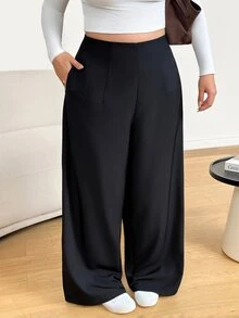Shapeblank Celana Panjang Wanita Ukuran Plus Warna Hitam dengan Pinggang Tinggi dan Potongan Lebar – Bergaya, Longgar, dan Serbaguna untuk Pemakaian Sehari-hari (Musim Semi/Gugur), Musim Gugur/Dingin, Hari Thanksgiving, Tahun Baru - Hitam - View 5