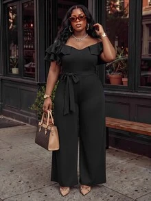 Slaydiva Plus Size Off Shoulder Ruffle Jumpsuit, High Waist Wide Leg Long Pants With Belt, Curvy Formal Party Outfit - Black - View 10