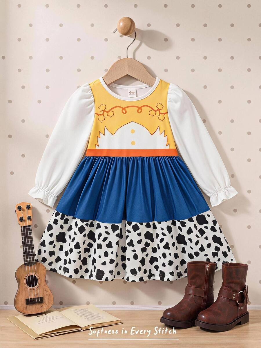 Cozy Pixies Baby Girl Knitted Geometric Pattern Round Neck Petal Sleeve Casual Dress - Multicolor - View 1