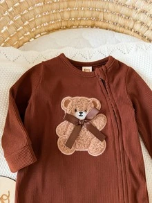 Cozy Pixies 新生兒嬰兒休閒日常舒適卡通熊圖案刺繡長袖長褲連身衣連腳拉鍊家居服 - 摩卡棕 - 查看 5