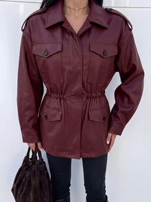 Struktiv Women's Autumn/Winter Fashion Casual Loose Pocket Design Cinched Waist Long Sleeve Leather Premium Feel Suitable For Daily Commute Shopping Date Street Style Regular Jacket - Burgundy - View 6