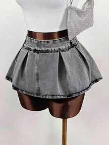 Mistrie Women's Pleated Casual Daily Denim Mini Skirt - Black - View 3