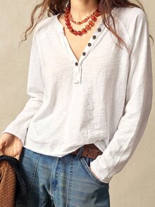 Bohemela Women's Solid Color V-Neck Single-Breasted Casual Everyday Basic Long Sleeve T-Shirt - White - View 3