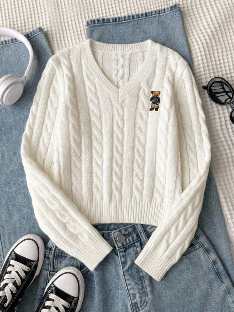 Tween Girls Sweaters V-Neck Apricot Pullover Embroidered Towel Embroidery Cable Twist Rope Design Soft Knit Simple Base Layer Outerwear Suitable For Autumn Winter Casual Long Sleeve Top For Outings Parties Photoshoots And Play - Apricot - View 6
