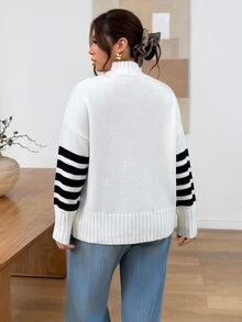 Lounesse Plus Size Women's Stand Collar Colorblock Horizontal Striped Casual Loose Versatile Pullover Sweater Winter - Multicolor - View 2