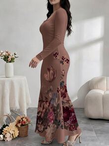 Modelyn Plus Size Women's Square Neck Long Sleeve Floral Print Fishtail Hem Elegant Dress - Multicolor - View 4