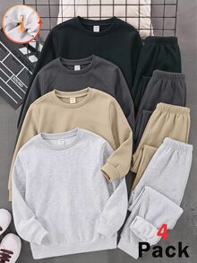 SHEIN 4件組兒童青少年男孩休閒運動學院風多功能純色保暖內裡長袖運動衫，適合通勤、上學、日常休閒外出與運動，秋冬款 - 彩色 - 查看 4
