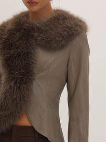 MUSEYN Grey PU Faux Fur Collar Long Sleeve Jacket Versatile Everyday Date Night Chic New Season Fall - Grey - View 6