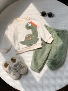 SHEIN 2件組嬰兒男童/女童秋冬套裝 卡通恐龍刺繡拼色圓領抓絨長袖套頭衛衣與鬆緊腰收口長褲 - 彩色 - 查看 3