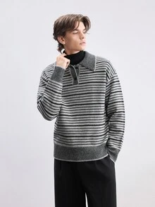 RONVEXI 男士 Polo 領長袖套頭毛衣，休閒條紋針織秋冬服飾，灰黑條紋寬鬆通勤穿搭，慵懶對比色橫條紋套頭毛衣 - 彩色 - 查看 4