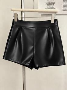 GlowEve CURVE Plus Size Fashion PU Leather Street Style Studded High Waist Leather Shorts - Black - View 3