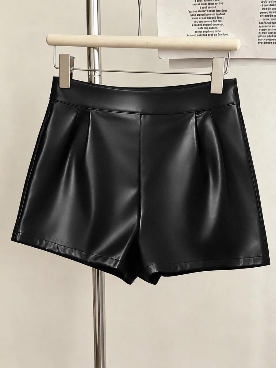 GlowEve CURVE Plus Size Fashion PU Leather Street Style Studded High Waist Leather Shorts - Black - View 1