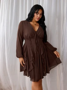 Rustia Plus Size Women's Casual Commute Daily Minimalist Woven Long Sleeve Autumn Dress Fall - Brown - View 5