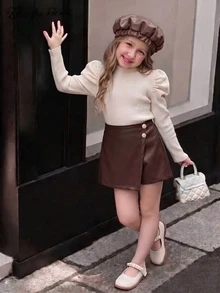 Tween Girls Elegant Brushed Ribbed Top & PU Leather Skort Outfit Set With Fashion Beret Hat For Fall - Apricot - View 1