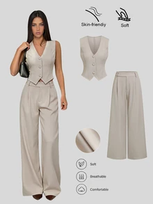 Sweetra Autumn Old Money Style Suit Set, Elegant Design V-Neck Sleeveless Blazer Vest Top Paired With Draped Wide Leg Straight Suit Pants - Khaki - View 1