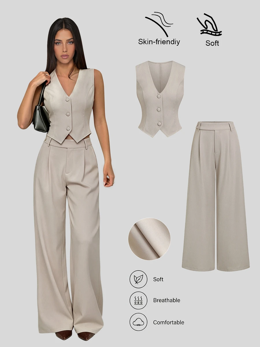 Sweetra Autumn Old Money Style Suit Set, Elegant Design V-Neck Sleeveless Blazer Vest Top Paired With Draped Wide Leg Straight Suit Pants - Khaki - View 1