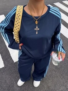 Muchica 大尺碼女款側條紋運動衫與運動長褲休閒兩件套 秋季 - 藏蓝色 - 查看 5