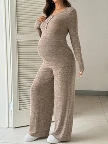 SHEIN Maternity Knit 2 Pieces Set T-Shirt And Pants, Comfortable Home Casual Wear - Khaki - View 7