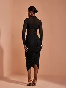 JIAN LASALA Black Mesh Long Sleeve Ruched Bustier Mock Neckline Long Dress Vacation Elegant Party - Black - View 2