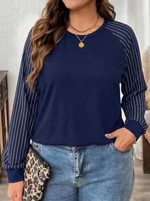 Comfylo Autumn/Winter New Teacher's Day Thanksgiving Blue Striped Print Plus Size Women's Casual Raglan Sleeve Crew Neck Loose T-Shirt Suitable For Spring/Autumn - Navy Blue - View 4