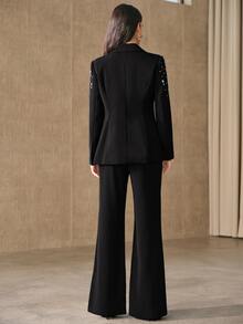 Anewsta Women's New Fashion Rhinestone Embellished Blazer & Flared Pants Versatile Suit Set - Black - View 7