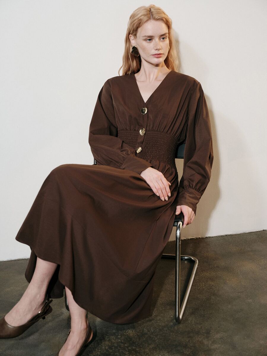 Aveloria Modichic Button Decor, Commuter Design Fashionable Elegant V-Neck Elastic Waist Versatile Long Dress - Coffee Brown - View 1