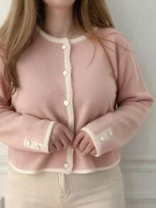 Dazy Plus Plus Size Colorblock Patchwork Korean Style Button Knit Cardigan - Pink - View 5