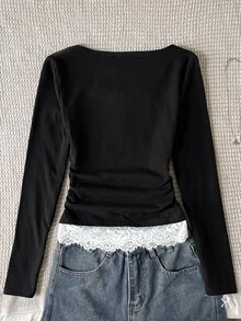SHEIN 青少年女孩/小女孩秋冬休閒法式優雅針織素色鈕扣蕾絲拼接撞色修身長袖T恤，適合返校與日常穿著 - 黑色 - 查看 2
