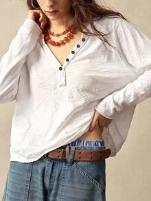Bohemela Women's Solid Color V-Neck Single-Breasted Casual Everyday Basic Long Sleeve T-Shirt - White - View 5