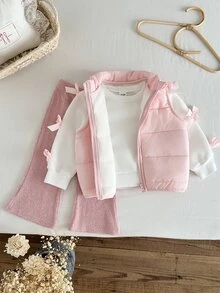 SHEIN Vintaside Kids 3件組幼女背心上衣與長褲套裝，可愛甜美粉色白色蝴蝶結羅紋加厚長袖圓領，冬季秋季保暖舒適公主風毛絨度假派對裝 - 粉色 - 查看 1