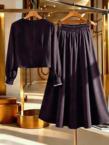 GlowEve CURVE Plus Size Women's Faux Pearl Decor Long Sleeve Blouse And Skirt Elegant Set Fall - Purple - View 2