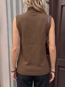 Wandoria Women's Autumn New Commute Vest Fashion Design Split Layering Coffee Color Embroidered Pullover Loose Knit Cardigan Daily Knit Top Single Piece Sweater - Coffee Brown - View 3